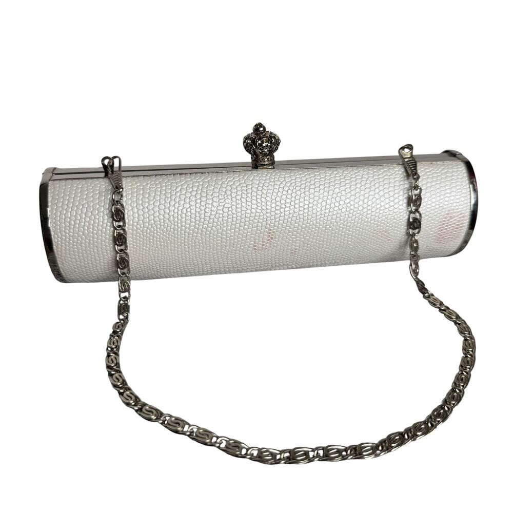 Y2K White Faux Snakeskin Rhinestone Kiss Lock Evening Clutch Chain Bag